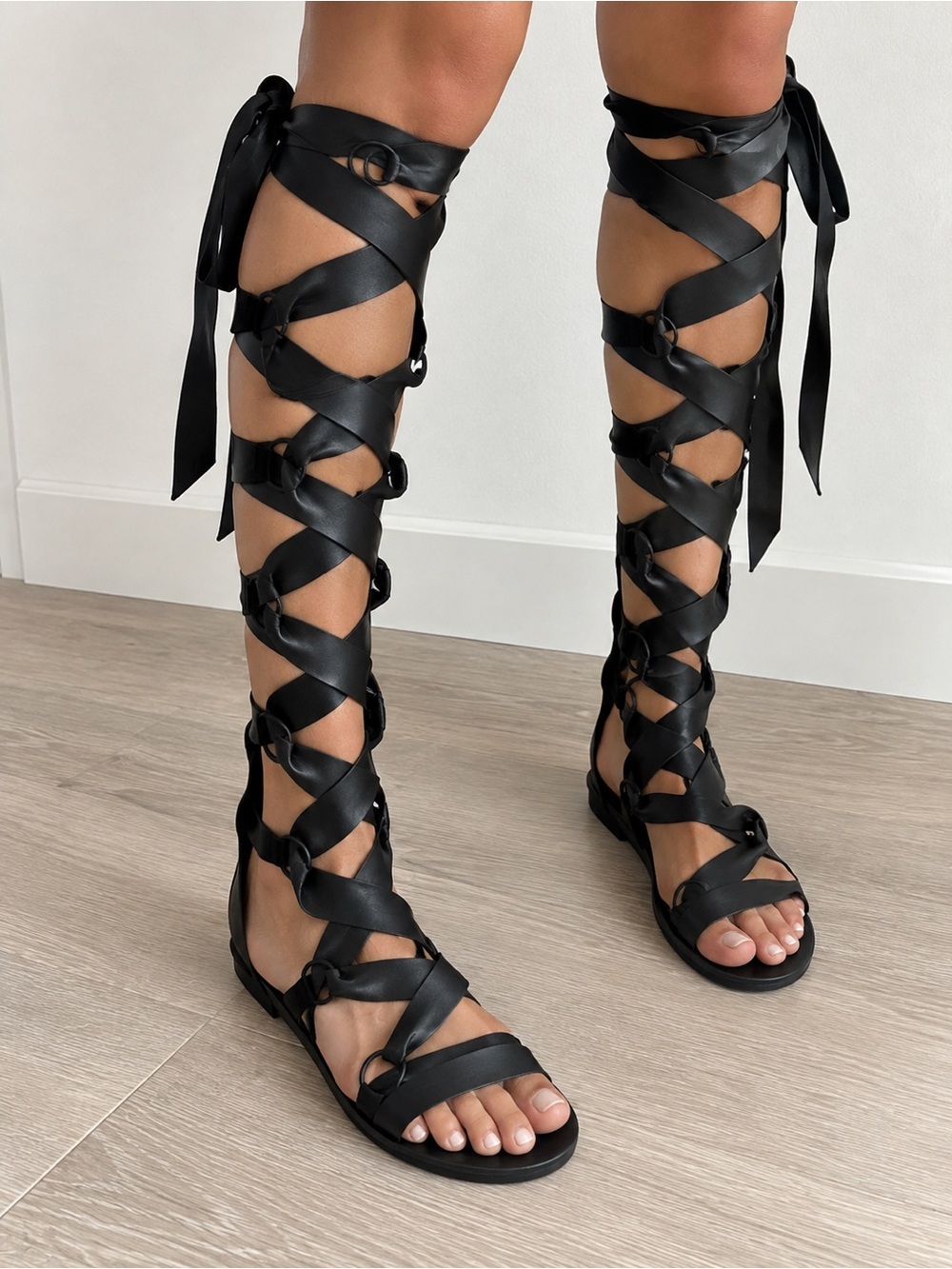 Black Lace-Up Gladiator Knee-High Sandals